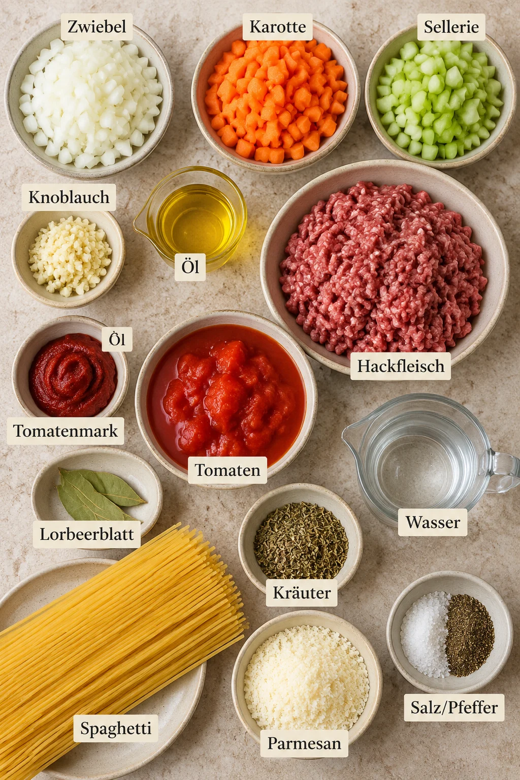 Beschriftete Zutaten für Spaghetti Bolognese