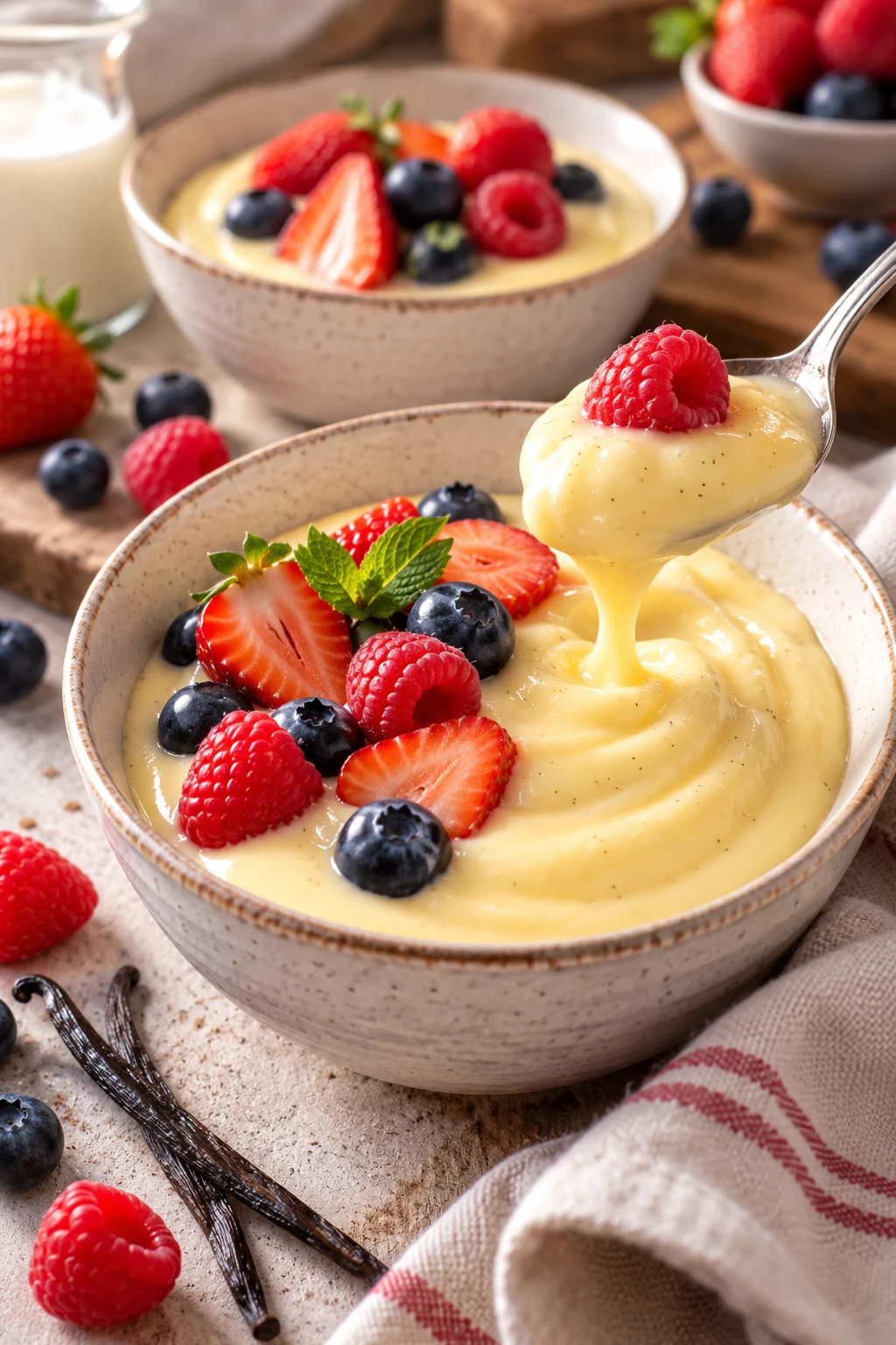 Cremiger Vanillepudding mit Beeren serviert