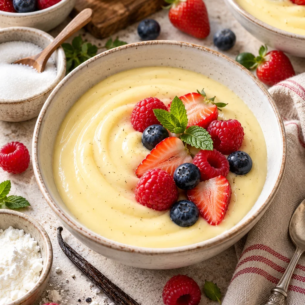 Cremiger Vanillepudding mit frischen Beeren serviert