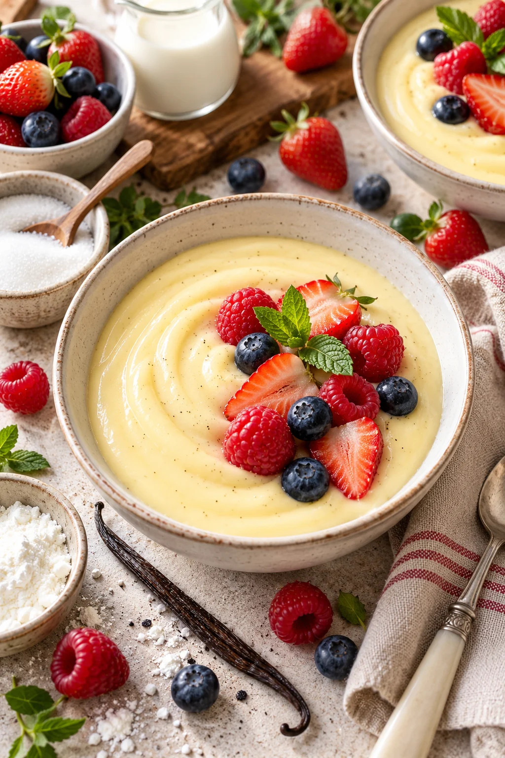 Cremiger Vanillepudding mit frischen Beeren serviert