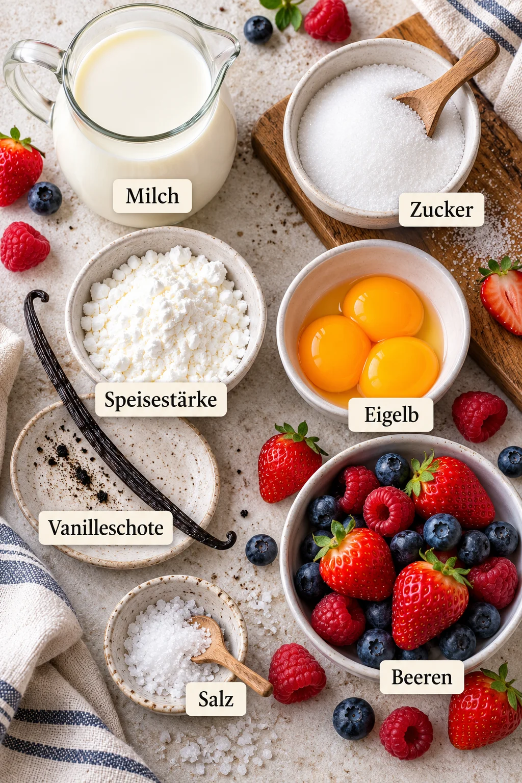 Beschriftete Zutaten für Vanillepudding selber machen