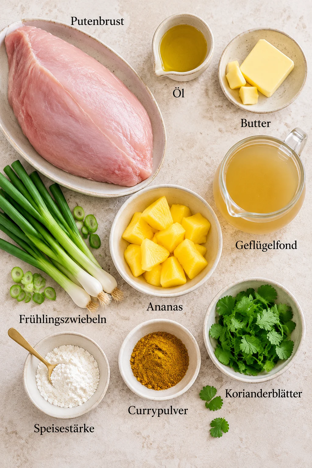 Beschriftete Zutaten für Weihnachtsmenü Hauptgericht Putenbraten mit Curry und Ananas