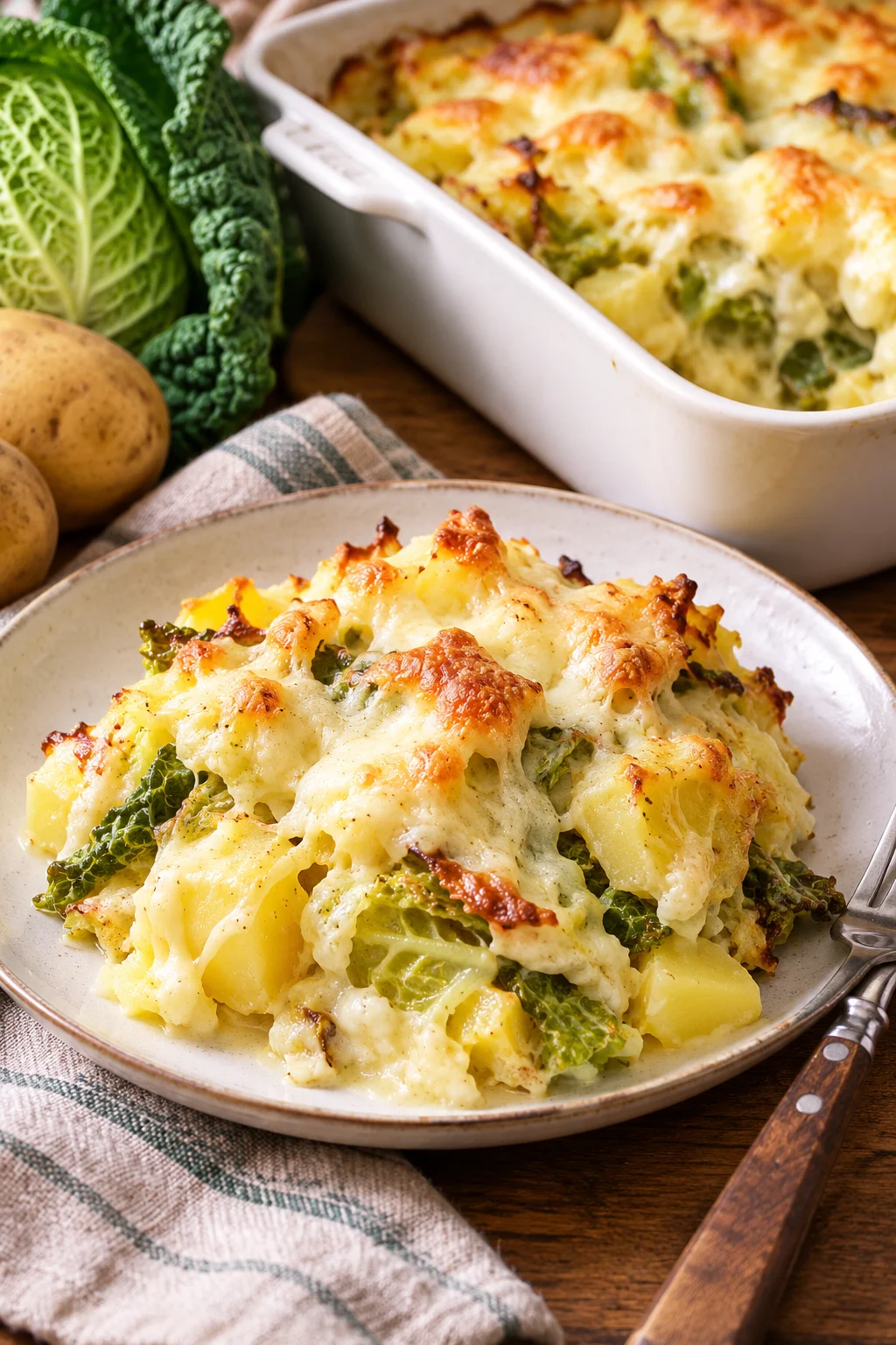 Nahaufnahme vom Wirsing-Auflauf mit Käse