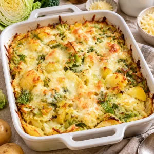 Wirsing-Auflauf mit Kartoffeln und Käse auf einem Tisch