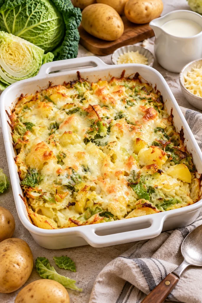 Wirsing-Auflauf mit Kartoffeln und Käse auf einem Tisch