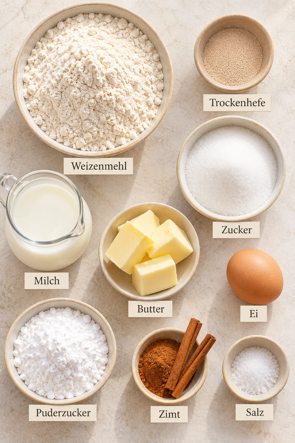 Beschriftete Zutaten für Zimtschnecken auf hellem Untergrund